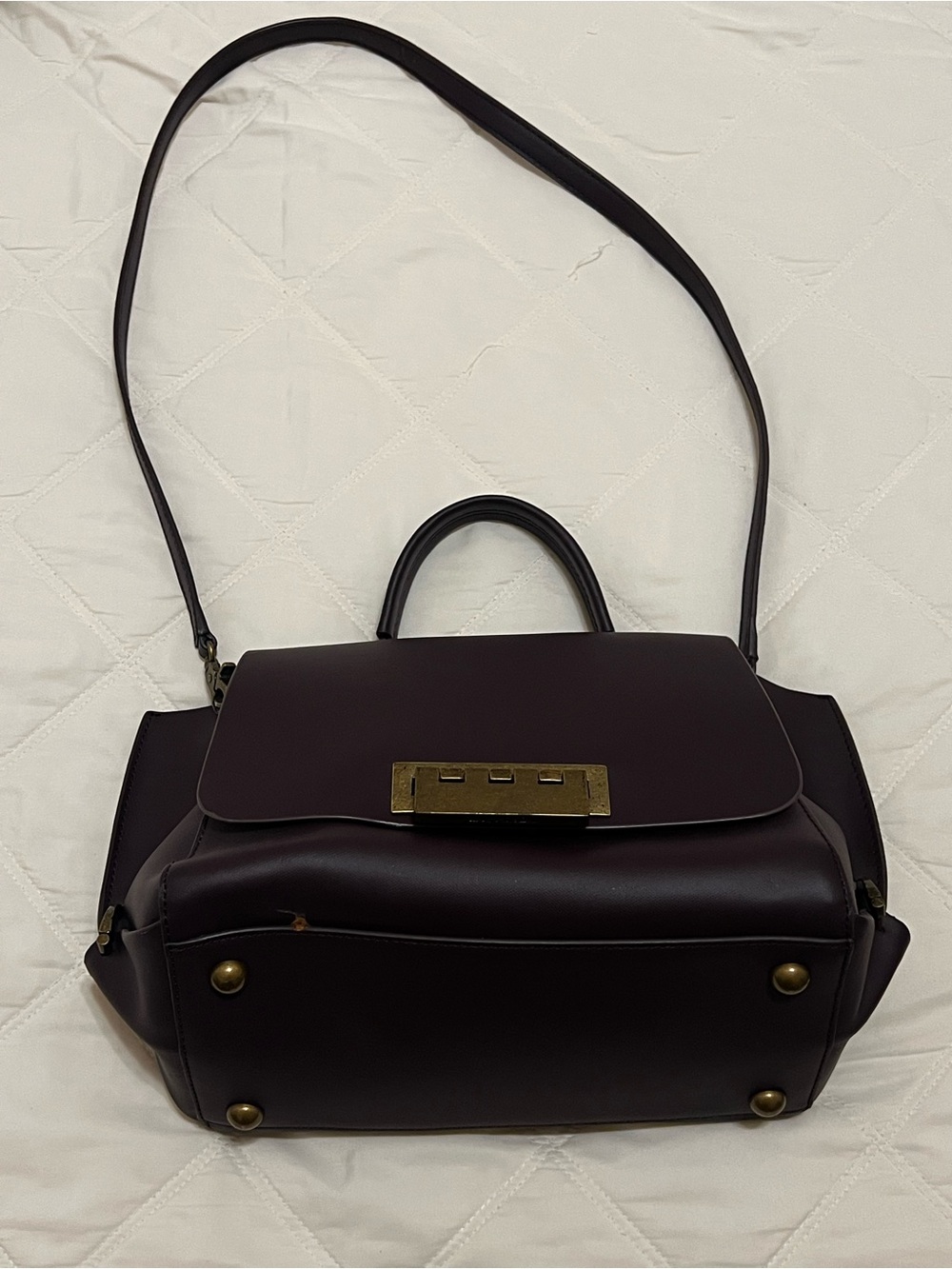 Zac Posen Plum Leather Top-Handle Satchel with Gold Hardware